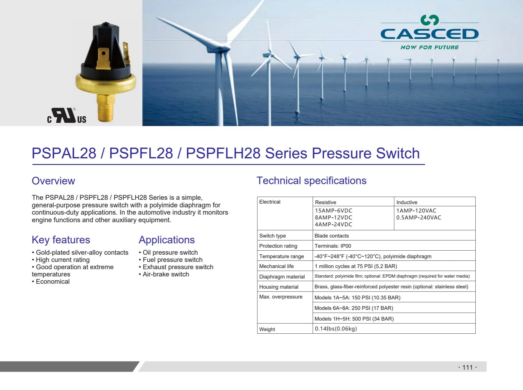 PSPAL28 / PSPFL28 / PSPFLH28 Pressure Switch catalog reference