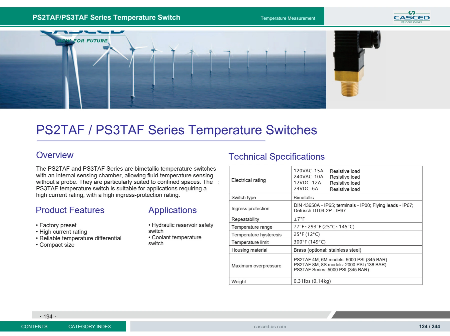 PS2TAF / PS3TAF Temperature Switch catalog reference