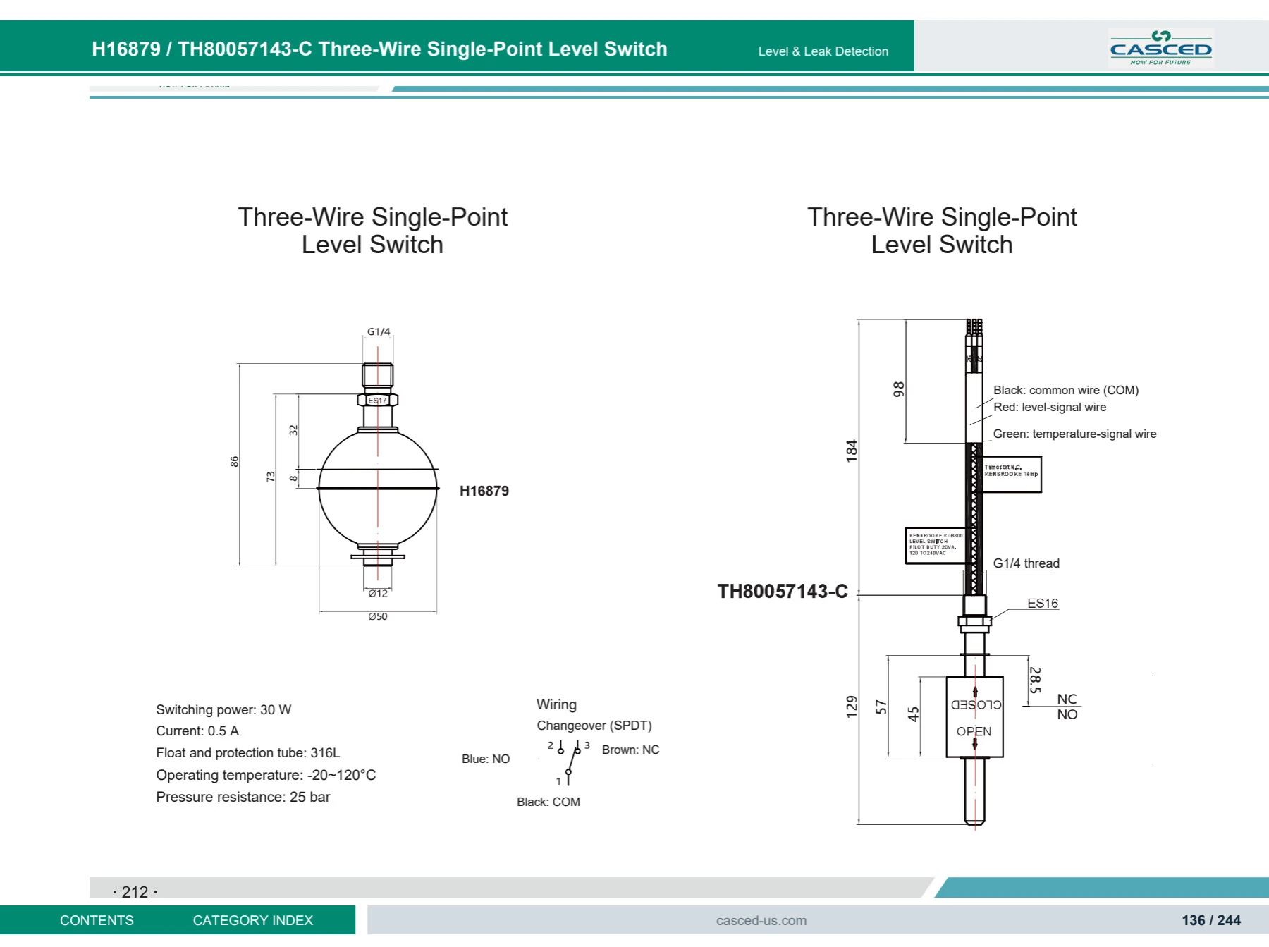 H16879 / TH80057143-C Three-Wire Single-Point Level Switch catalog reference