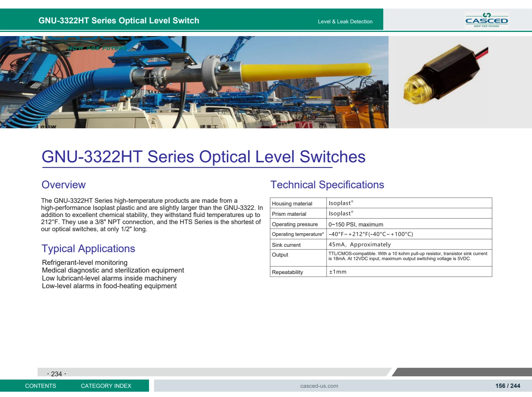 GNU-3322HT Series Optical Level Switch catalog reference